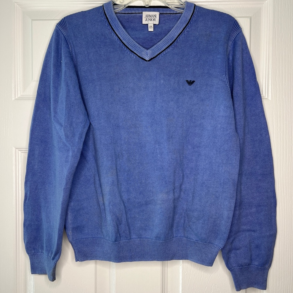 Armani Junior V-Neck Logo Sweater – Light Blue (Boys 12A / 154cm)